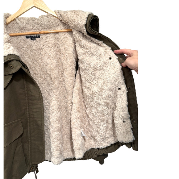 Theory M Oversized Bomber Jacket $750 Removable Fur Lining Cotton Army Green - Picture 5 of 10